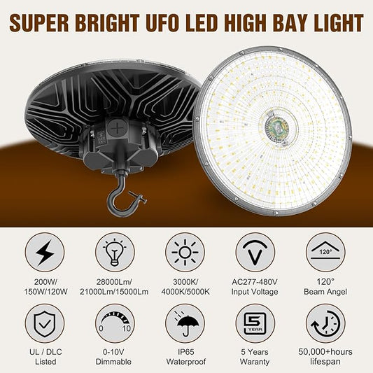 480V UFO LED High Bay Light 200W 150W 120W Adjustable, UL DLC Listed Dimmable High Bay LED Shop Lights 3000K 4000K 5000K, IP65 Waterproof Commercial Bay Lighting for Warehouse Factory