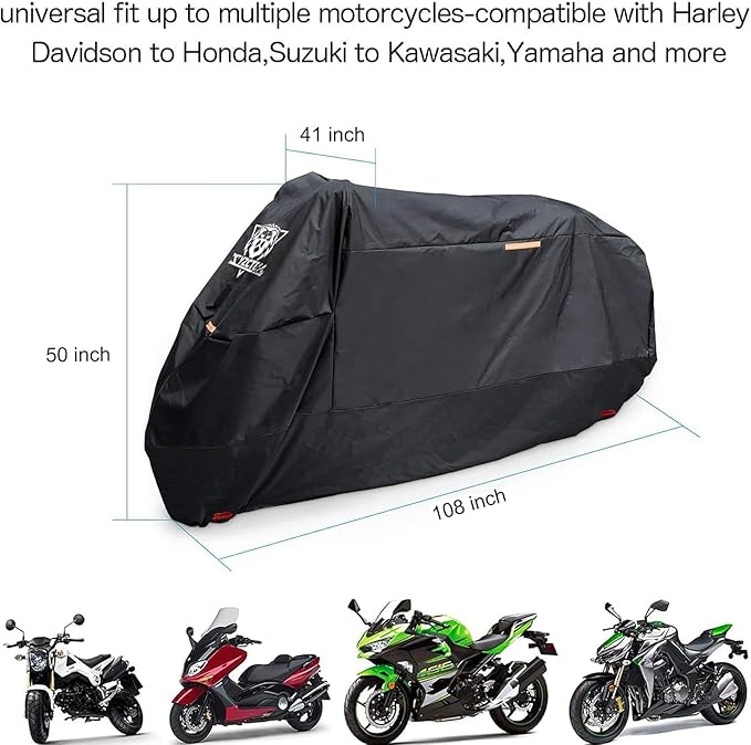 XYZCTEM Black Motorcycle Cover -Waterproof Outdoor Storage Bag,Fits up to 108" Motors,Made of Heavy Duty Material, Compatible with Harley Davison and All Motors,Professional Windproof Strap