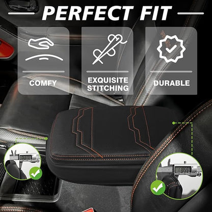 Muslogy for Frontier Center Console Pad Armrest Box Cover Vegan Leather Soft Accessories Armrest Lid Protector Compatible with Nissan Frontier 2022-2024 2025(Extra Thick, V2 Orange Stitching)