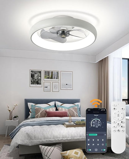 Ultra Low Profile Ceiling Fans with Lights and Remote Ultra Quiet 25 dB, 21" Modern Flush Mount Ceiling Fan LED Ceiling Fan Fandelier Ceiling Milky White