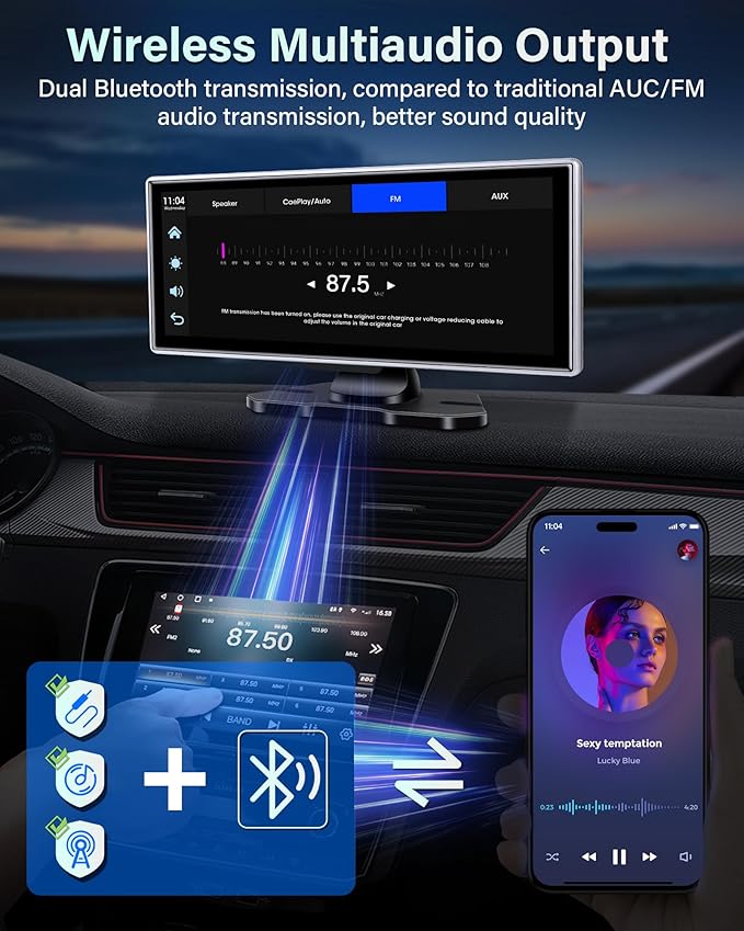 2025 Exclusive 11.26'' Portable Wireless Apple CarPlay Screen for Car & Android Auto Car Stereo, 2.5K Dash Cam 1080P Backup Camera car Audio Receivers/GPS Navigation/Voice Control for All Vehicles
