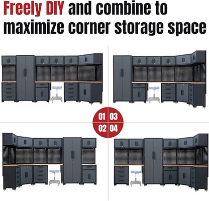 15-Piece Corner Garage Storage Cabinet System - Heavy Duty Workshop Set w/Corner Cabinet Includes Workbench, Pegboard & Lockable Drawers | Metal Tool Organization System for Garage/Workshop