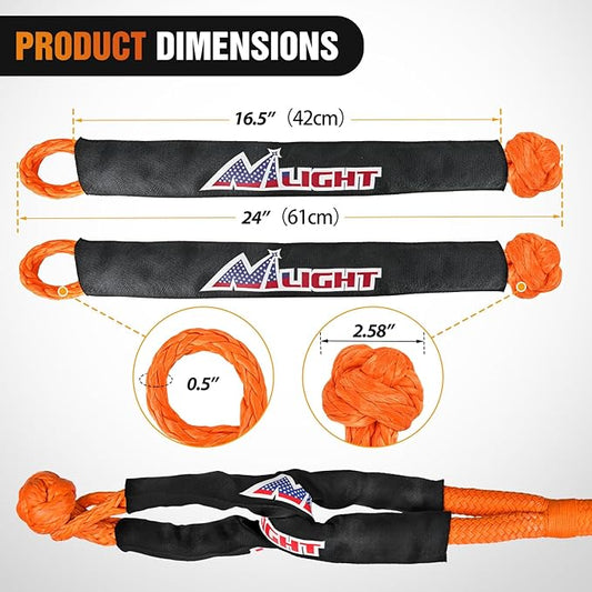 Nilight Kinetic Recovery Tow Rope 7/8" x 20ft (28,600LBS) with 2 Soft Shackle 1/2" x 24" Snatch Strap Heavy Duty Offroad Towing Strap kit for UTV ATV SUV Truck Car Jeep Tractor