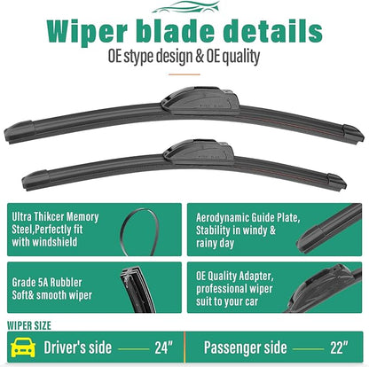 24" 22" 12" Windshield Wiper Blades Replacement for Ford Flex 2009-2019 Premium All Weather Front Rear Wipers Set - OEM Quality (Pack of 3)