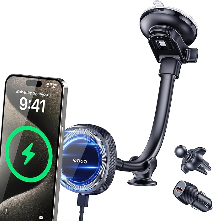 OQTIQ for MagSafe Car Charger, Magnetic Wireless Car Charger Compatible with iPhone 16 15 14 13 12 Series, 15W Fast Charging Car Phone Mount for Windshield Dashboard Air Vent [with PD 30W Adaptor]