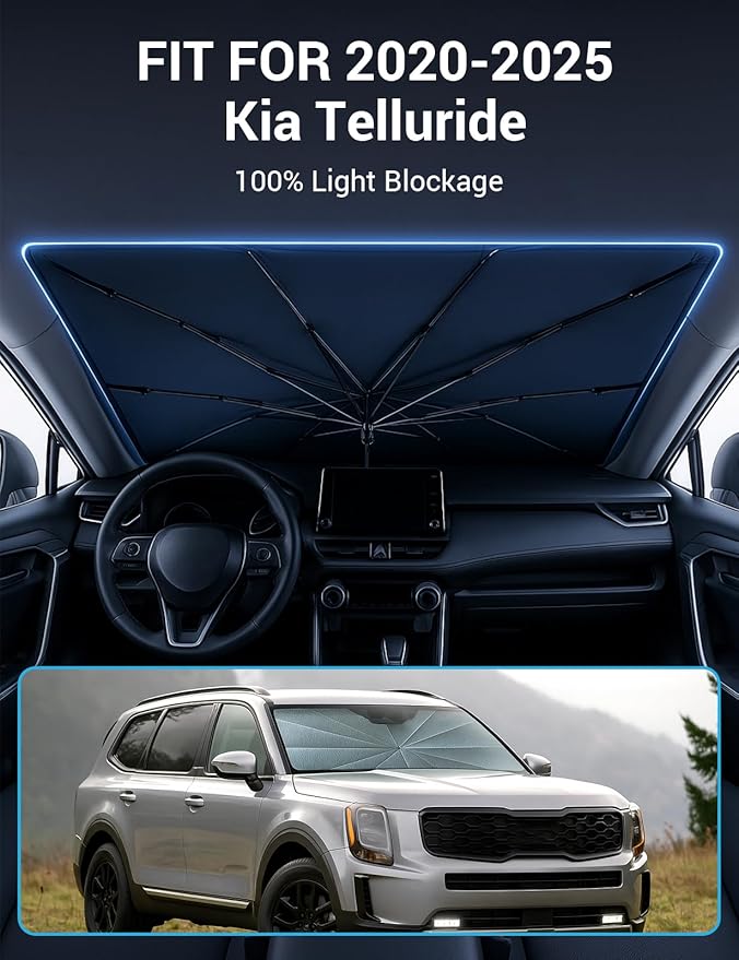 Proadsy Windshield Sun Shade Umbrella for Kia Telluride 2020-2025 2026 Foldable Car Umbrella Sunshade with Soft TPU Handle Spring Structure Crystal Cooling Material Protect Car from Rays & Heat