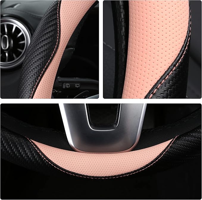 Car Steering Wheel Covers for Women Girl Padded Carbon Fiber PU Leather Cute Cartoon Auto Interior Accessories for Jeep, Truck, Universal, Anti Slip, Pink, Large Size 15.5-16"(39-41cm)