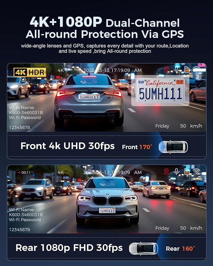 K600 4k Dash Cam Front and Rear, 3.59" IPS Screen, Built-in GPS 5G WiFi Dash Camera for Cars with App, UHD 2160P Night Vision Free 64G SD Card, 170° Wide Angle, HDR, 24H Parking Mode