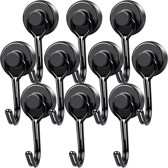 MIKEDE Magnetic Hooks, 40Lbs Heavy Duty Neodymium Magnet Hooks Black Magnetic Swivel Hooks for Hanging, 10 Pack Rust Proof Strong Magnets with Hook Metal Hanger for Fridge, Toolbox, Storage