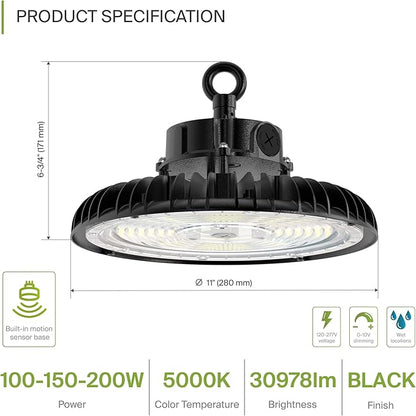 ASD LED High Bay UFO Light Fixture, Commercial Shop Lighting | Dimmable, IP69K Waterproof, DLC Premium, UL Listed | 200W 31000LM 5000K 100-277V | Warehouse, Garage, Workshop, Barn Lamp | Black
