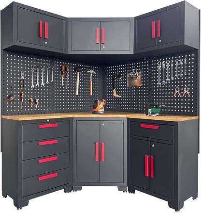 Corner Workshop Set - 10-Pcs Garage Cabinets and Storage System with Corner Cabinet, Cabinet Drawers, Workbench, Pegboard for Tool Organization, Red and Black