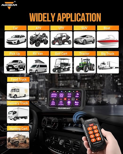 Auxbeam 8 Gang Switch Panel RC-800 RGB Wireless Remote Control Range Up to 165FT Multifunction Switch Pod 3 lighting modes with Backlit Off and Auto Dimmable for RV Offroad Waterproof 2 Years Warranty