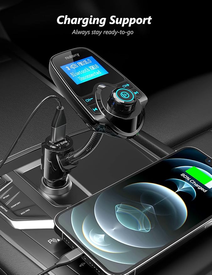 Nulaxy Car Bluetooth FM Transmitter [2024 Upgraded], 1.44" Display Flexible Gooseneck, Handsfree Call Wireless Music Stereo Audio Player Radio Adapter Car Kit USB Phone Charger, TF SD Card AUX-KM18