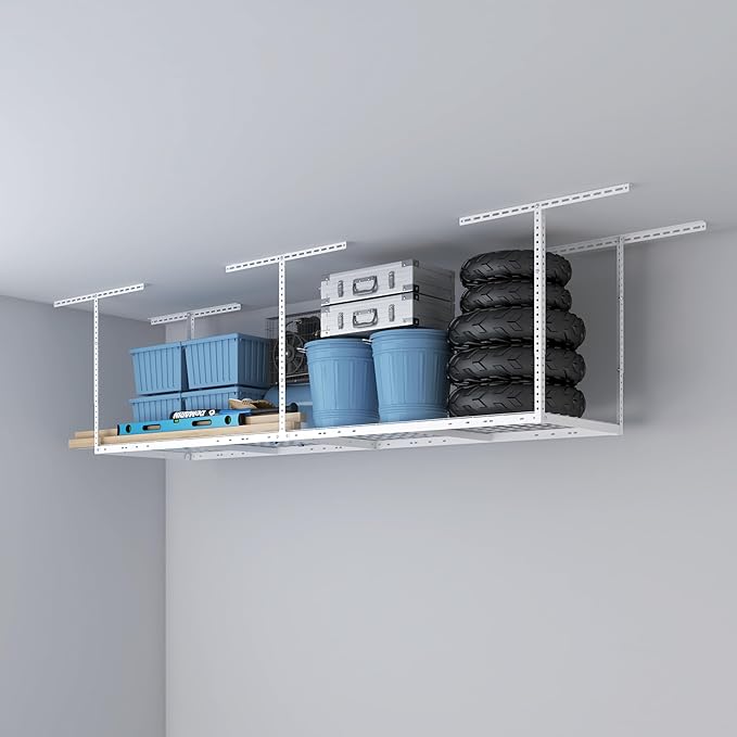 2ftx8ft Overhead Garage Storage Rack, Heavy-Duty Metal Garage Ceiling Storage Rack, 22''-40" Adjustable Ceiling Drop-Down, 400 lb. Loading Weight Capacity, White