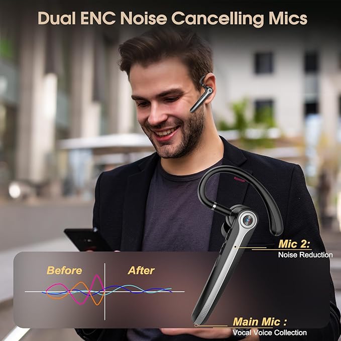 Bluetooth Headset, Wireless Bluetooth Earpiece with ENC Noise Canceling Mic, 120Hrs Talk Single-Ear Headphones, LED Display, IPX7 Waterproof Hand-Free Earphone for Business/Trucker/Driver, Blcak