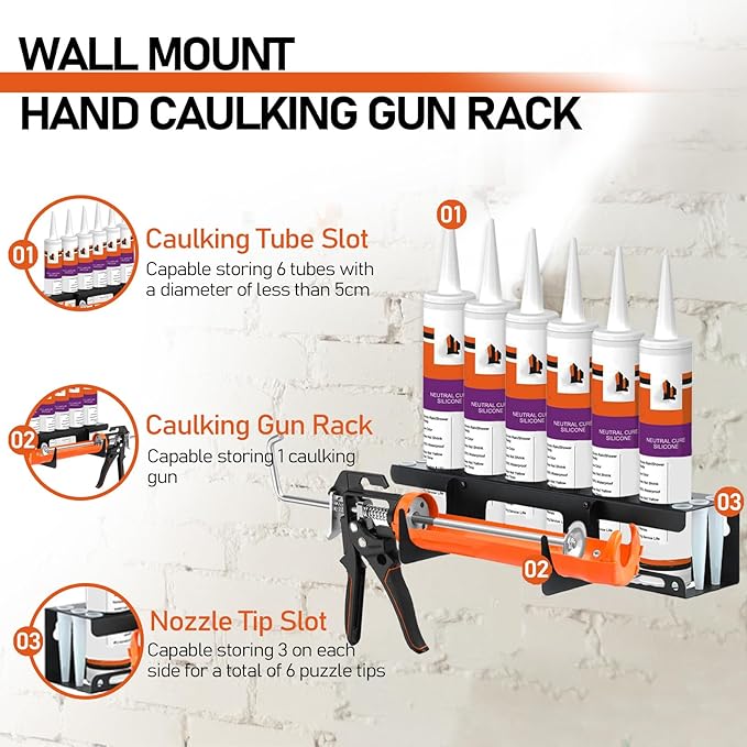 Siligun Caulking Gun Rack, Grease Gun Holder, Wall Mount Silicone Caulking Tools, Work Van Organizers And Storage Tube For Workshop Holds 6 Caulking Tubes And Caulking Nozzle (Black)