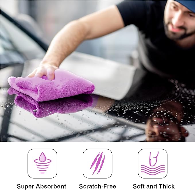 Shimeyao 30 Pcs Edgeless Microfiber Plush Towels for Cars Detailing Drying Wash Polishing Absorbent Cleaning Cloths, 500 GSM, 16 x 16 Inch(Purple)