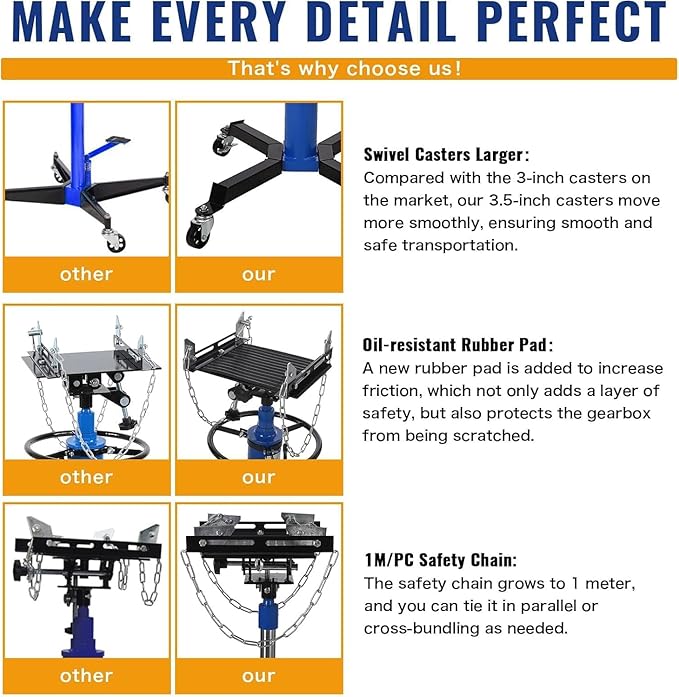 Transmission Jack 1100 LBS Hydraulic Telescoping 2-Stage Lift Jack Stand 33.8"-72.8" High Lift Transmission Jacks with Foot Pedal & 360° Swivel Wheels for for Garage/Workshop Car and Truck Repairs