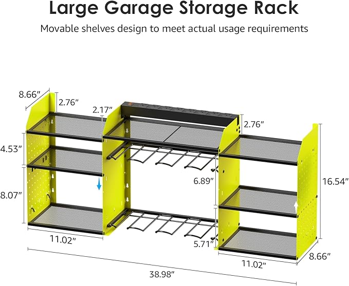 CCCEI Green Large Tools Organizer Wall Mount Charging Station, 39 Inch Long Power Tool Battery Storage Rack with 6FT Power Strip. 8 Drill Holder, Garage Utility Shelves. Pegboard Hanging Extension.