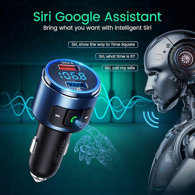 Upgraded FM Bluetooth Transmitter Car, QC3.0 Quick Charging & LED Backlit Bluetooth Car Adapter/FM Transmitter/Hi-Fi Music Player with Noise Cancelling Calls, Siri Google Assistant