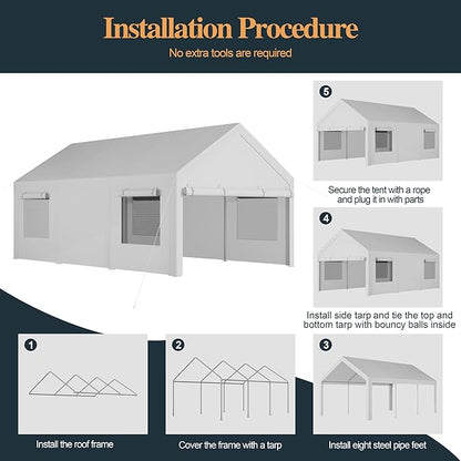 Shintenchi Carport 10' x 20' Heavy Duty Portable Garage, Car Port Canopy with Side-Opening Removable Door & Roll-Up Windows, Car Canopy for Truck,Car,Boat,Motorcycle,White