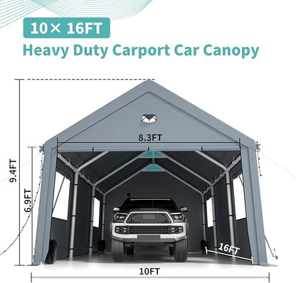 Carports 10X16 Heavy Duty，Car Ports with 180G Removable Side Walls, Carport Canopy, Portable Car Port Garage, Car Shelter All Weather,Gray