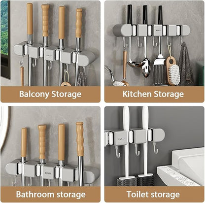 2Pcs Broom Mop Holder with Hooks Wall Mounted Broom Storage Rack No Drilling Self-Adhesive Mop Broom Organizer Mop Holder Hanger for Bathroom Office Kitchen Closet Garage,Grey (2)