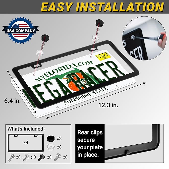 Premium Slim Matte Black License Plate Frames – Best Value 4 Pack, Rust-Free Stainless Steel & Rattle-Free, Street Legal, Universal with Screw Cover, Thin Edged Metal Front & Rear Car Tag Holders