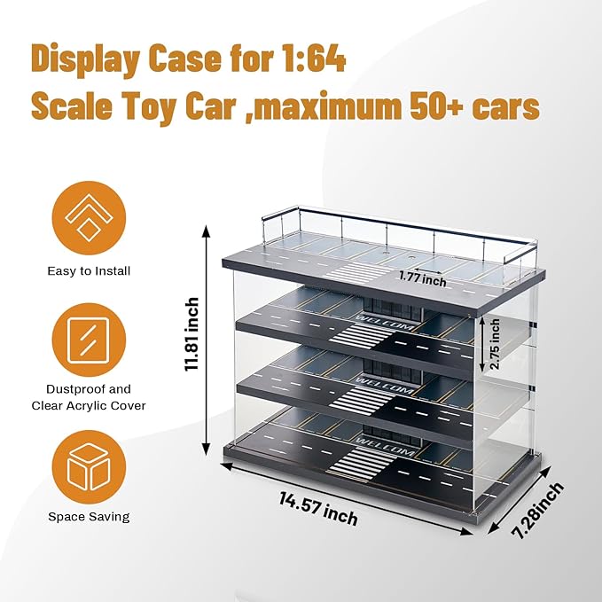 Display Case for Hot Wheels Garage & Matchbox Cars with LED Light, 1/64 Scale Diecast Toy Cars Garage, Storage Case for Hot Wheels, Parking Garage Diorama with 4 Levels Maximum 58 Cars