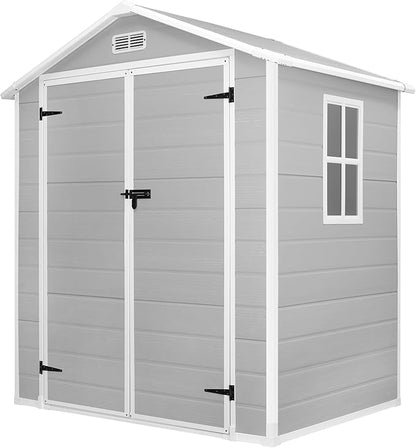 6 * 4.4 FT Resin Outdoor Storage Shed Plastic Shed with Floor, Reinforced Floor for Patio Furniture, Gardening Tools, Lawn Mower, Plastic Garden Shed with Lockable Door for Backyard (Gray)