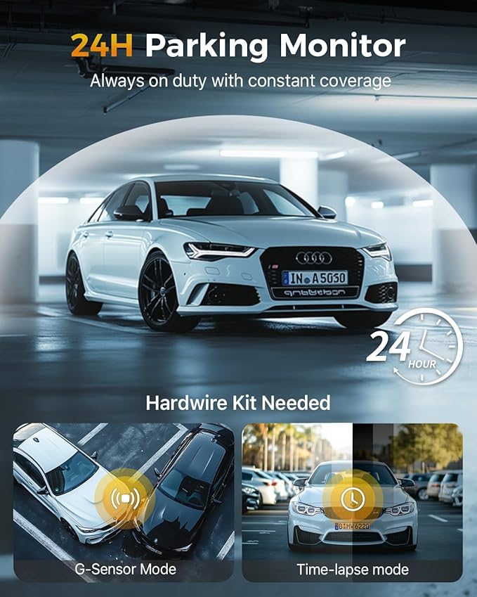GKU 4K 3 Channel Dash Cam, 5.8GHz WiFi Built-in GPS, 4K+1080P+1080P Dash Cam Front and Rear Inside, 64GB Card Inserted, 24H Park Mode, Triple Car Camera 3 Inch Screen