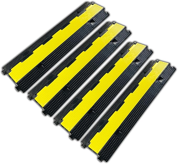 4 Pack Rubber Cable Ramp Hose Cable Protector Ramp 2 Channel 22000Lbs Load Capacity Traffic Speed Bump Wires Power Lines Extension Cord Cover for Indoor Outdoor