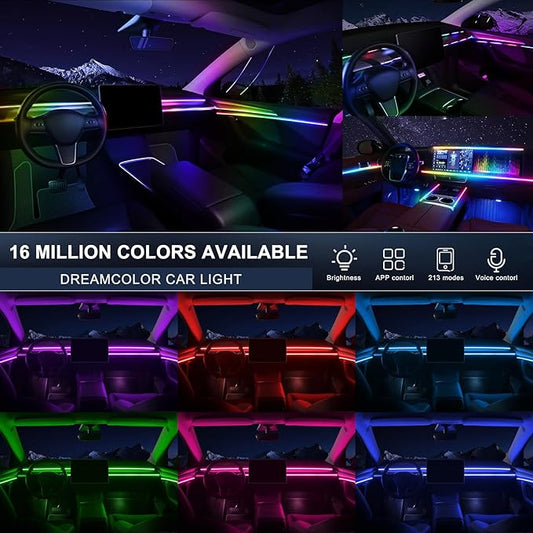 Dreamcolor Acrylic Interior Car LED Strip Light with USB/Type C, 43.3 inches Fiber Optic Ambient Lighting Kits, 16 Million Colors Sound Active Function Neon Accessories