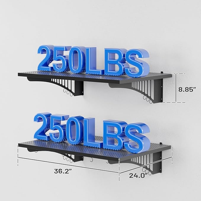 YOLENY 2-Pack 2x3FT Adjustable Heavy Duty Garage Wall Shelving, 500lbs Load Capacity Wall Mount Storage Shelf, Garage Storage Rack with Hooks, Metal Floating Shelves Organizer for Workshop