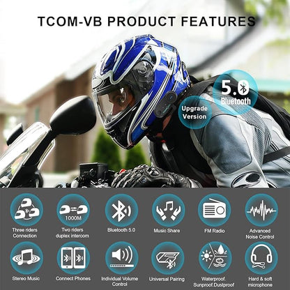 FreedConn TCOM VB Motorcycle Helmet Bluetooth Headset, Motorcycle Communication Systems with CVC Noise Cancellation, Stereo Music, 3 Riders 0.5mi/800m intercom, 12Hrs Intercom, IP65, 2 Pack