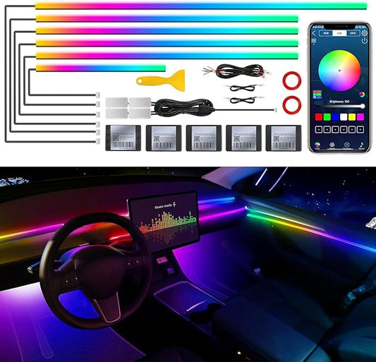 Dream+Color Acrylic Interior Car LED Strip Light with Wireless APP, RGB 10 in 1 with 175 inches 593 Neon Ambient Lighting Kits, Dynamic Chasing Music Sync LEDs Fiber Optic Strip Lights for Car