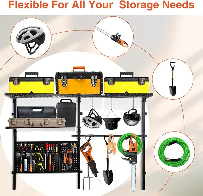 Garage Shelf Wall Mounted with Pegboard Heavy Duty Garage Wall Shelving with Garden Tool Rack and Hooks Garage Tool Organizer for Home Garden Yard Organization and Storage Holds 500lbs