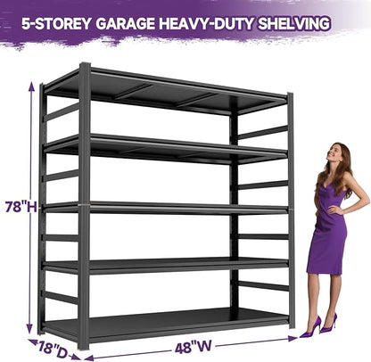 48" W Garage Shelving 3800Lbs Storage Shelves Heavy Duty 5 Tier Adjustable Metal Shelving Unit Garage Shelves for Basement, Warehouse, Commercial 48" W X 78" H X 18" D, Black
