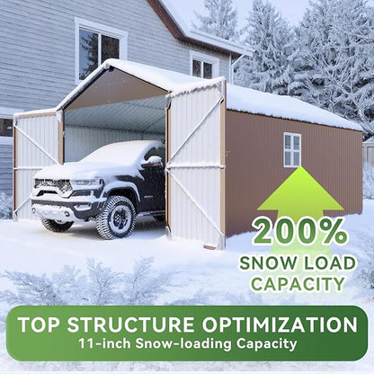 Aoxun 12x20x9.3 FT Shed Outdoor Metal Garage Shed 1700 CUFT Extra Large Storage Shed for Vehicles & Sundries 11" Snow Load Double-Door All-Weather Garden Shed (Brown)