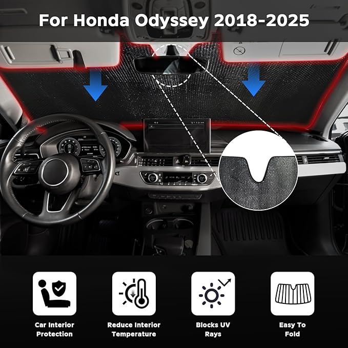 Windshield Sun Shade for Honda Odyssey (LX EX EX-L Touring Elite Minivan) 2018-2025 - 5-Layer Bubble Foldable Front Window Shade Sun Visor Accessories - Blocks Heat & UV Rays