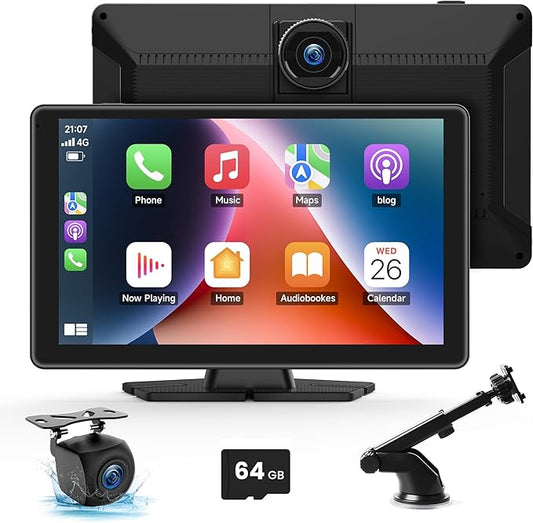 BIGASUO Apple Carplay & Android Auto Screen for Car 4K Dash Cam, 9" HD Touchscreen with 1080P Backup Camera, GPS Navigation/Mirror Link/Voice Control/Bluetooth Fits All Cars