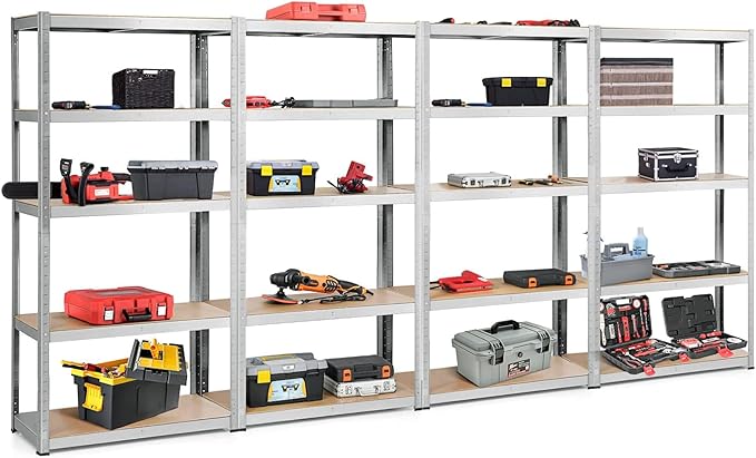 ERGOMASTER 72" Storage Shelves, Heavy Duty Steel Frame 5-Tier Garage Shelf, Metal Multi-Use Storage Shelving Unit for Home/Office/Dormitory/Garage (4, Silver)