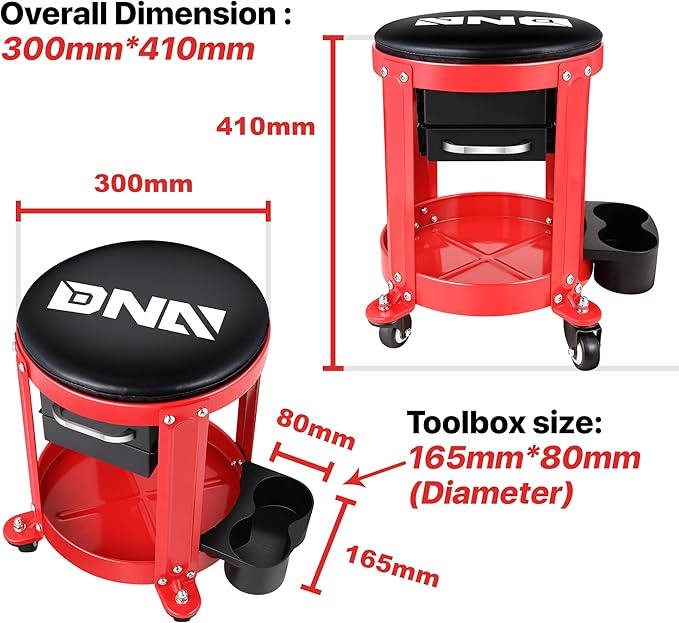 DNA Motoring TOOLS-00197 Round Mechanics Roller Seat Creeper Stool With Padded Cushion, Tool Storage Drawer & Tray, 300 Lbs Max Weight Capacity