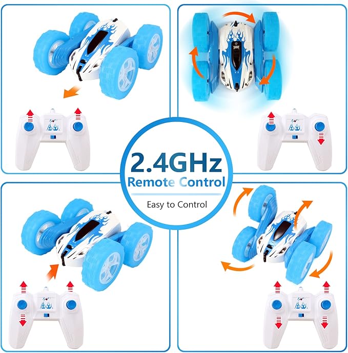 FREE TO FLY Remote Control Car For Boys: Kids RC Stunt Cars Toy with Headlights & WheelLights Double-Sided Driving 360°Flip Rotating Car Toys Gifts Presents for Boy Girls Age 6 7 8 9 10 11 12 Year Old