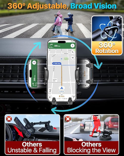 HTU 【Military-Grade】 Car Phone Holder,【Strongest & Longest Steel-Hook】 Car Vent Mount, Handsfree 360° Adjustable Automobile Cradle Air Clip Stand for iPhone 16 15 14 13 12 Pro Max Samsung, Black