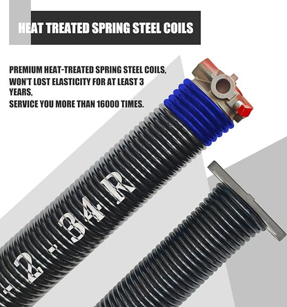 Garage Door Torsion Spring Set, Pair of 2" Electrophoresis Coated Garage Door Spring Replacement with 2 Non-Slip Winding Bars and Bearing, Minimum 16000 Cycles (.262x2x34")