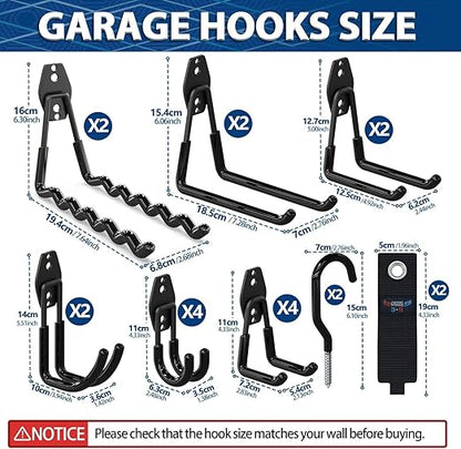 3-H Garage Wall Hooks 34 Pack, Garage Hooks Heavy Duty with Extra Welding Spots, Wall Mount Storage Organizer for Hanging Garden Lawn Tools, Ladder, Bike, WeedEater, Chair, Shovel, Blower (Black)