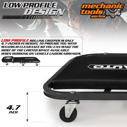 M-AUTO Foldable Z Creeper 2-in-1 Rolling Folding Car Creeper & Seat, 36" Adjustable Roller Garage Chair Lay Down or Sit, 330LBS Capacity Under Car Roller Creeper with 6 Swivel Casters, Black