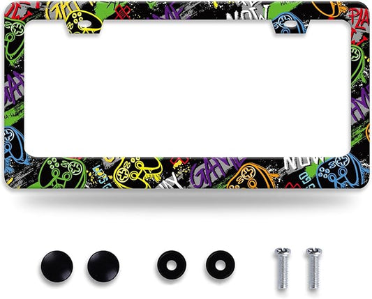 Game License Plate Frame Gamepad License Plate Holder for Car Decorative Parts Stainless Stee License Plate for Standard Us Canada Funny License Plate Frames 12x6 Inch