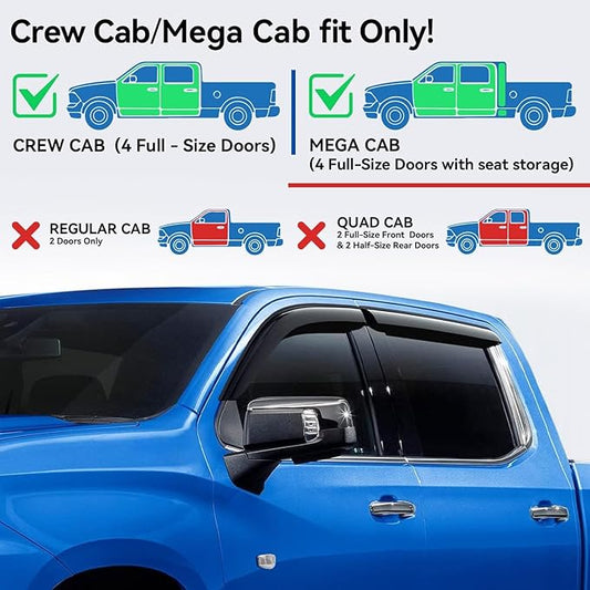 Window Visors Rain Guards for 2009-2018 Ram 1500 Crew/Mega Cab/Full-Size Cab, Window Vent Wind Deflectors Visors Shades for 2010-2025 Ram 2500 & 3500, 2019-2024 Ram 1500 Classic Body Models Only